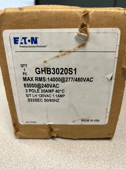 Eaton Ghb3020S1 3 Pole 20A Shunt Trip Circuit Breaker (New In Box)