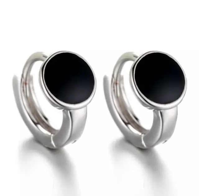 925 Sterling Silver Small Black Flat Plate Snap-Closure Huggie Hoop Earrings