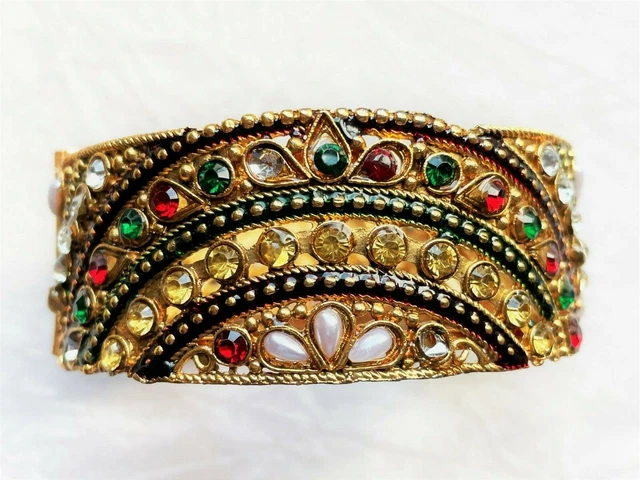 Faux Kundan Polki Bangle Colorful Rhinestones Bollywood India Screw Clasp Gold Faux Kundan Polki Bangle Colorful Rhinestones Bollywood India Screw Clasp Gold