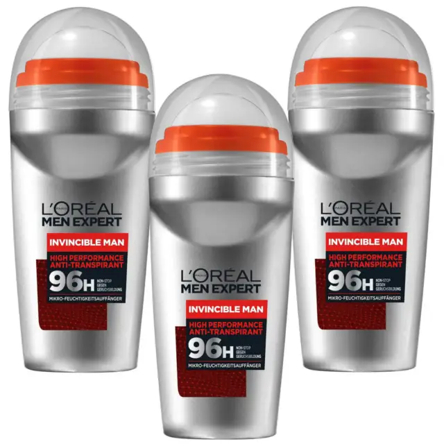 3x 50ml L'Oréal Men Expert Déodorant Roll-On Invincible Homme 96h Anti