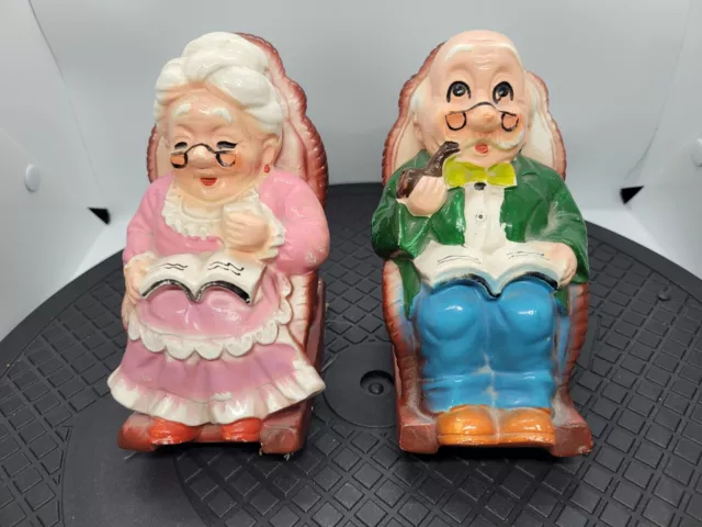 Vintage Ceramic Old Man And Woman Coin Bank In Rocker Retirement Fund Piggy Bank