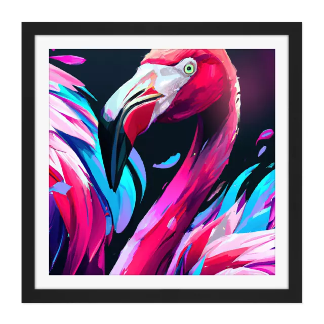 Flamingo Birds Modern Pink Blue Purple Square Framed Wall Art Picture Print