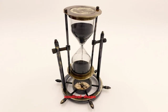 Hourglass Nautical Antique Solid Brass Sand Timer Compass Base Table Top Decor