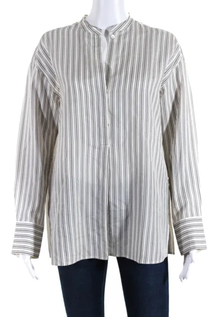 Vince Womens White Silk Striped Henley Long Sleeve Blouse Top Size XS