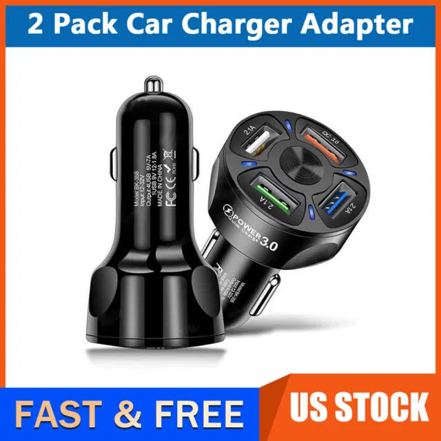 2PCS 4 Ports USB Phone Car Charger Adapter Fast Charging Black Universal Parts