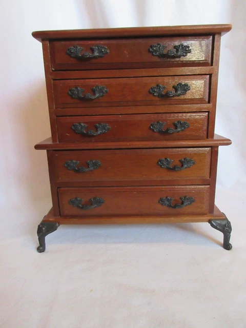 VTG  French Prov. Wooden Jewelry Music Box  5/DRAWER Footed 10 1/2 x10x5" Works