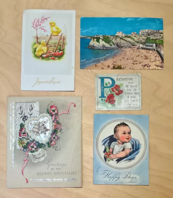 Vintage used greeting cards mix x5 / 1950's - 1970's Used