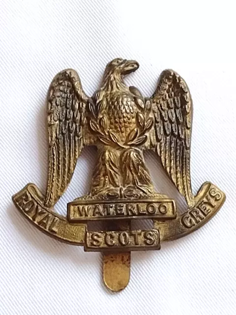 WW1 Waterloo Royal Scots Greys Cap Badge Brass Economy 43 mm Slider Antique Org