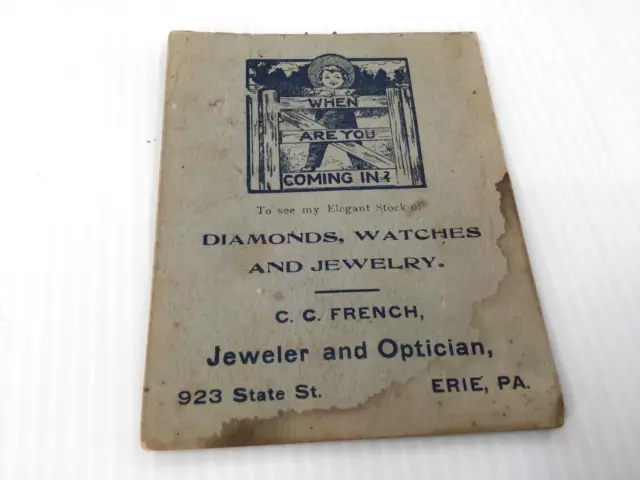 C.C.  French jeweler & Optician Advertising needle kit- 1909 Erie PA
