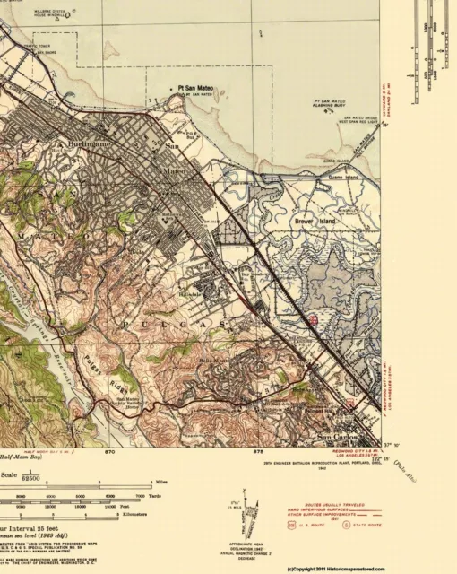 Topo Map - San Mateo California Tactical Quad - US Army 1942 - 23 x 28.81 3