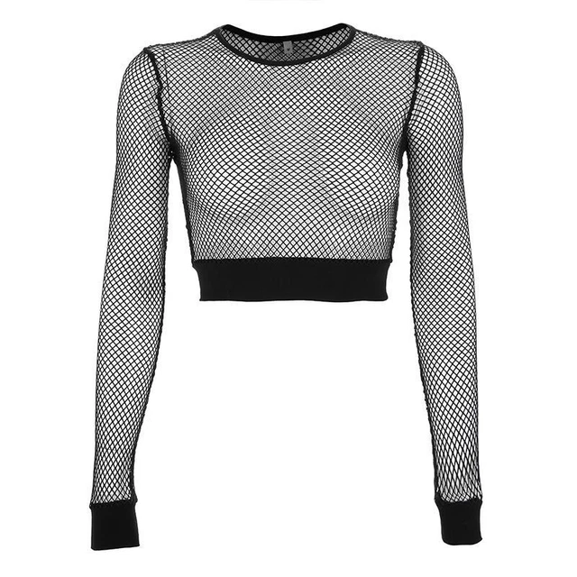 Donna Rete Crop Top Manica Lunga Trasparente Camicia Camicetta Sexy Clubwear