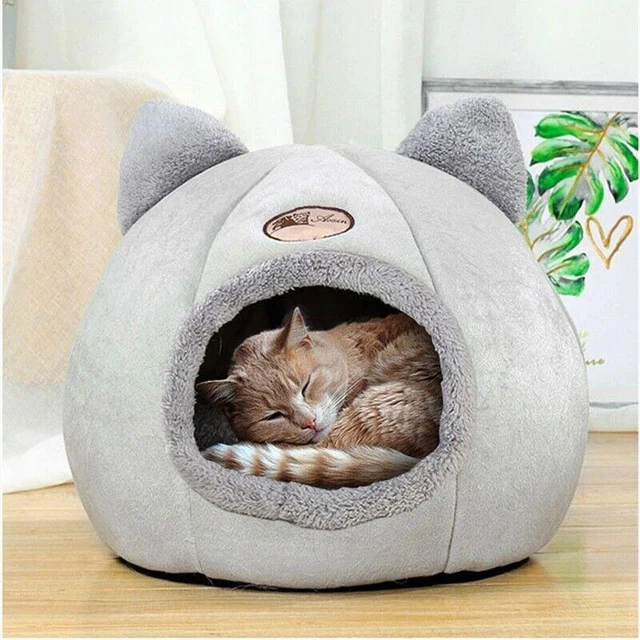 Dog Cat Bed Pet Winter House Kennel Grey Puppy Soft Sleeping Cave Mat Pad Nest