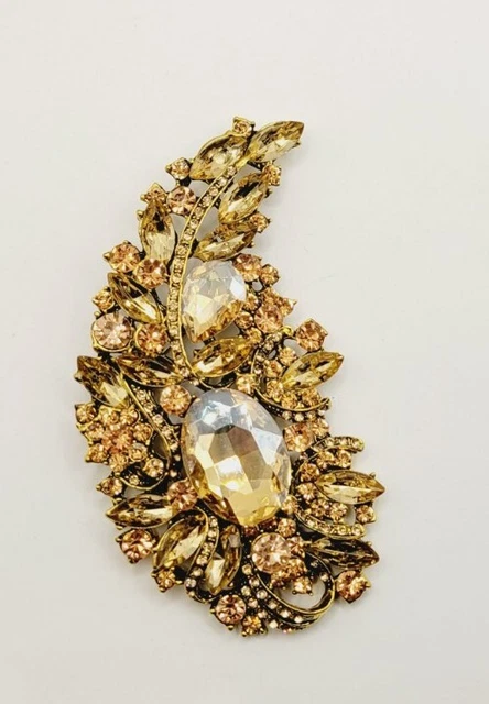 Flower Brooch Scarf Pin ART DECO Extra Large Amber Brown Color 4.5 in Crystal