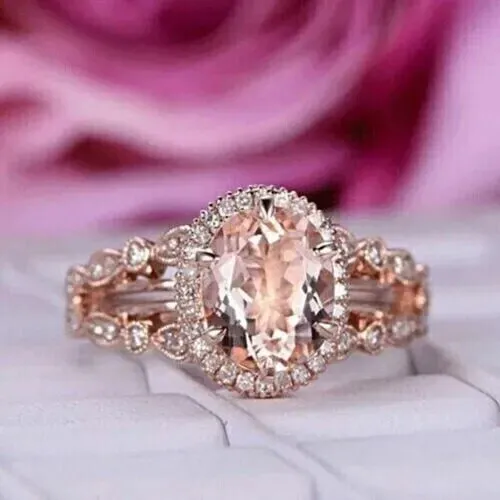 3.20Ct Oval Cut Lab Created Morganite Halo Engagement Ring 14K Rose Gold Plated