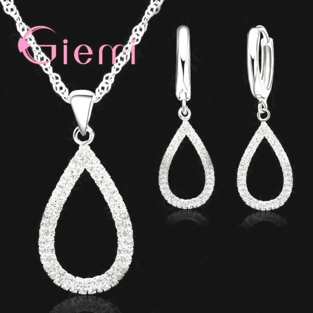 925 Sterling Silver Waterdrop Crystal Rhinestone Pendant Necklace Earring Set UK