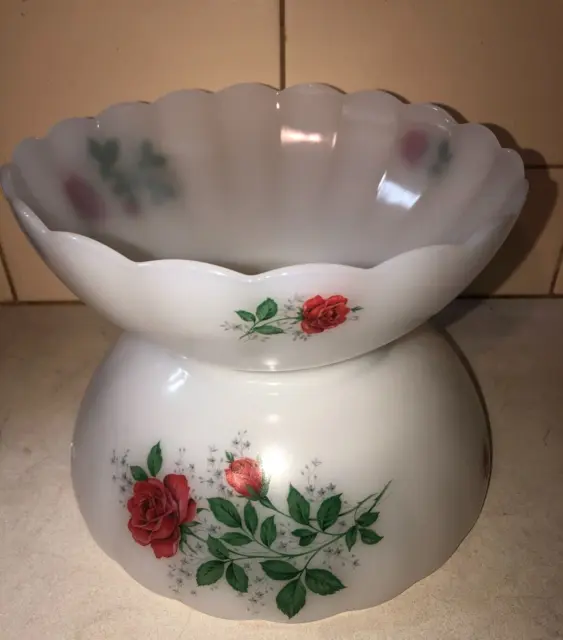 Vintage Arcopal Red Rose Milk Glass Bowls - 2x- Made in France - fantastic co