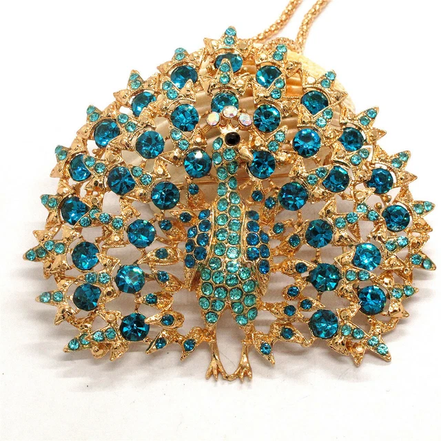 Hot Blue Crystal Bling Peacock Animal Pendant Betsey Johnson Chain Necklace