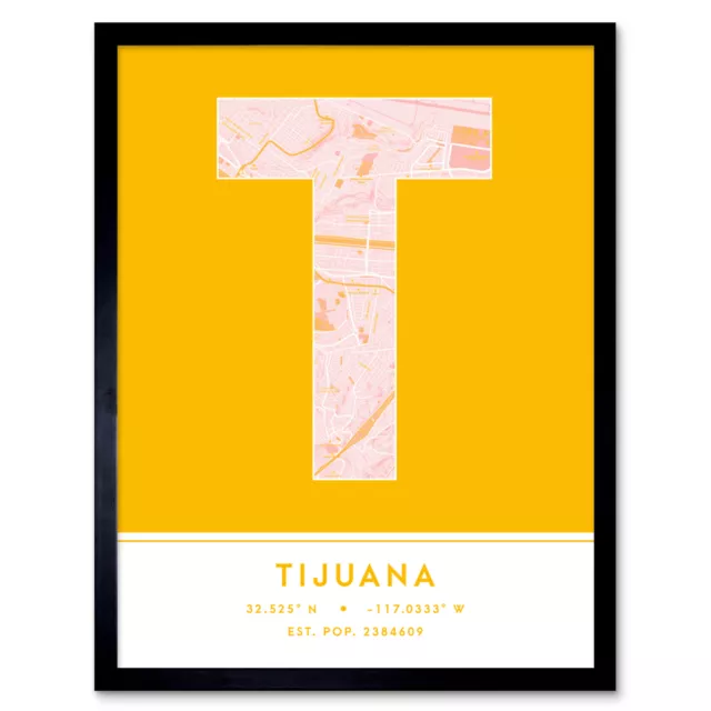 Tijuana Mexico City Map Typography Framed Wall Art Print 12x16 In