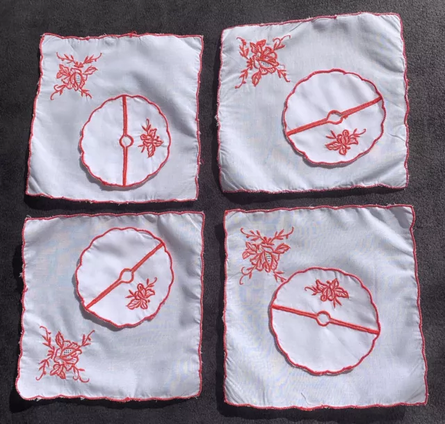 4 Set Unusual Embroidered Coaster Red Rose White Glass Base Sleeve,  Drip Cloth