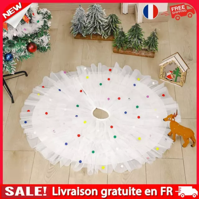 Christmas Tree Skirt White Mesh Colored Pompon Carpet Ornament for Home (90CM)