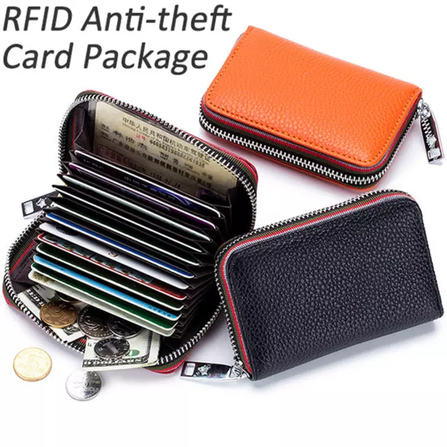 RFID Credit Card Holder Wallet For Women Men Small Zipper Card Case Leather Gift