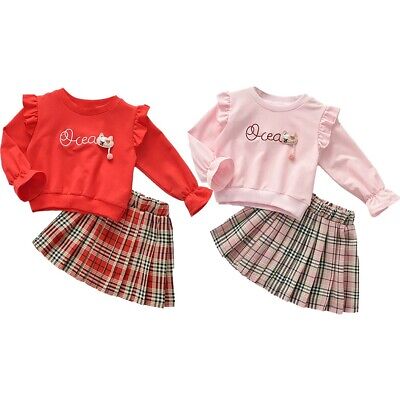 Toddler Girls Outfits Clothes Kids Cartoon Tops Shirt Pleated Skirt Casual Wear