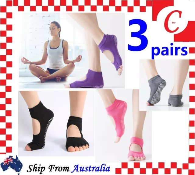 3Prs Women Yoga Non-Slip Grip Pilates Massage Five Toe Toeless Socks Gym Workout