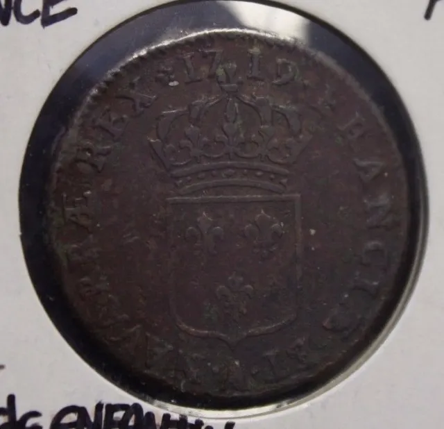 French Colonial 1719 A Sol Louis XV   very nice detail trace corrosion