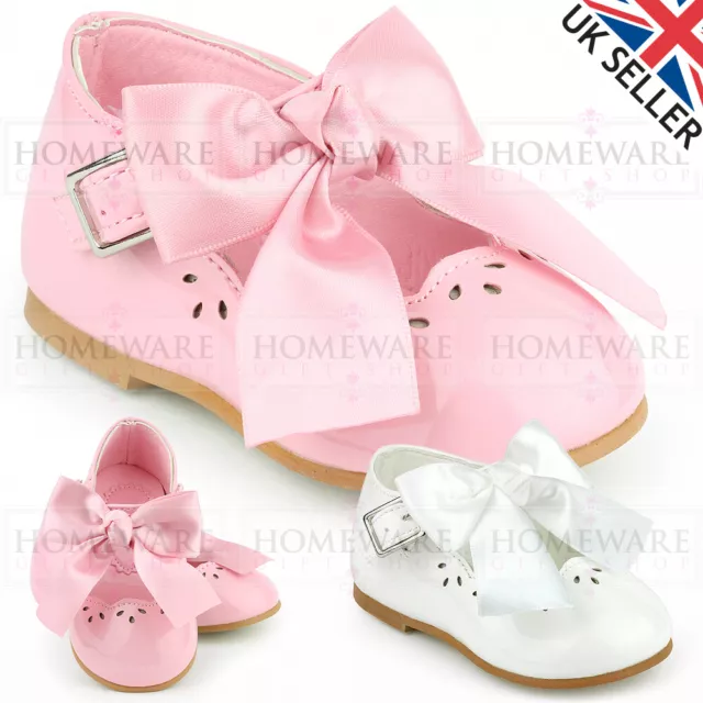 Spanish Style Bow Shoes Baby Girls Mary Jane Shiny Patent Shoes White Pink Uk1-7