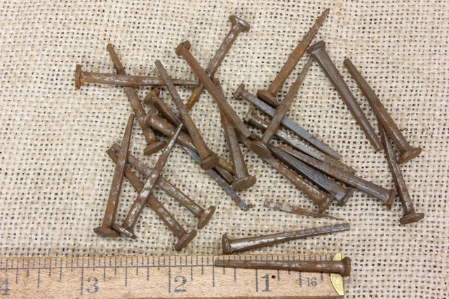 Old Square 1 1/2” Nails 1/4" Head 25 Qty Vintage 1880’s Iron Antique Rust Patina