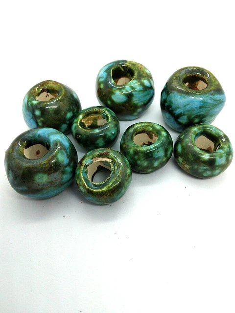 Vintage Macrame Beads Ceramic Hand Made Bead Speckled Blue and Green