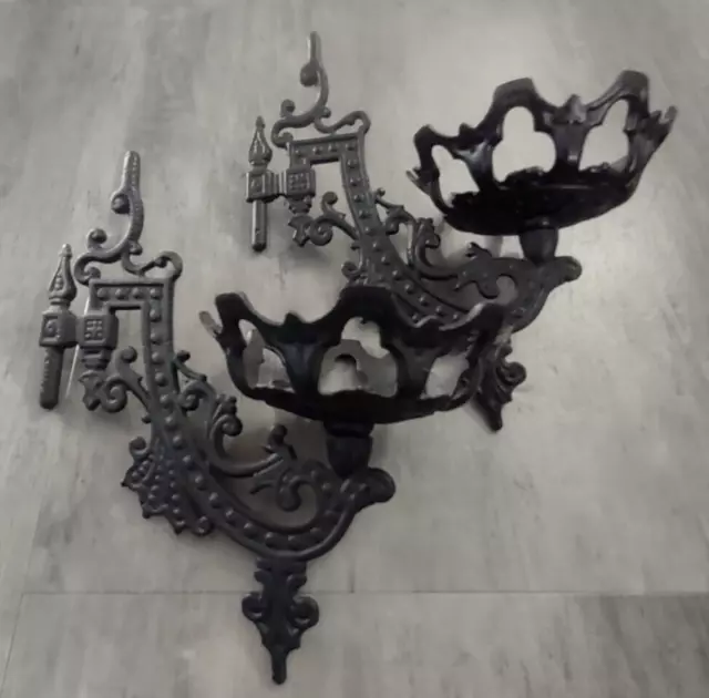 Vintage Lot of 2 Victorian Black Cast Iron Swing Arm Oil Lamp Holders