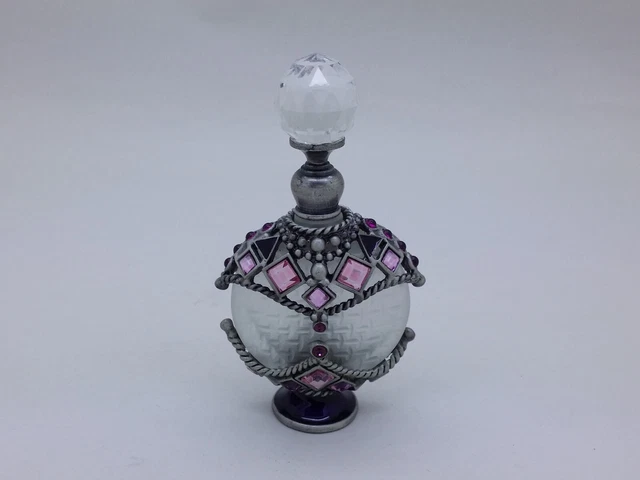 Pewter Mounted Disc Shaped Glass Scent Bottle with Faceted Stopper