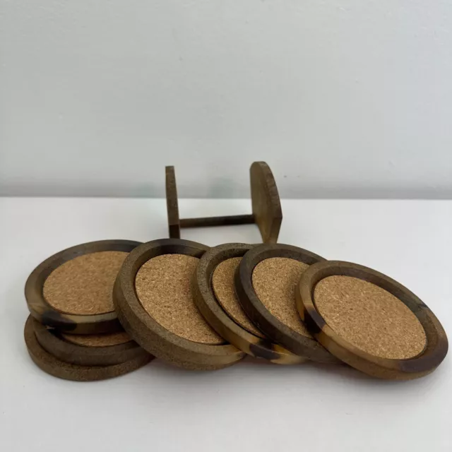 Wood & Cork Round Coaster Set Of 8 With Wooden Holder Stand ~ Vintage