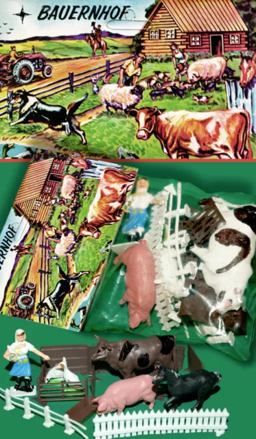 BAUERNHOF ZOO SET TIERFIGUREN OVP 70er HONG KONG FARM ANIMALS HEINERLE 16 tlg.!