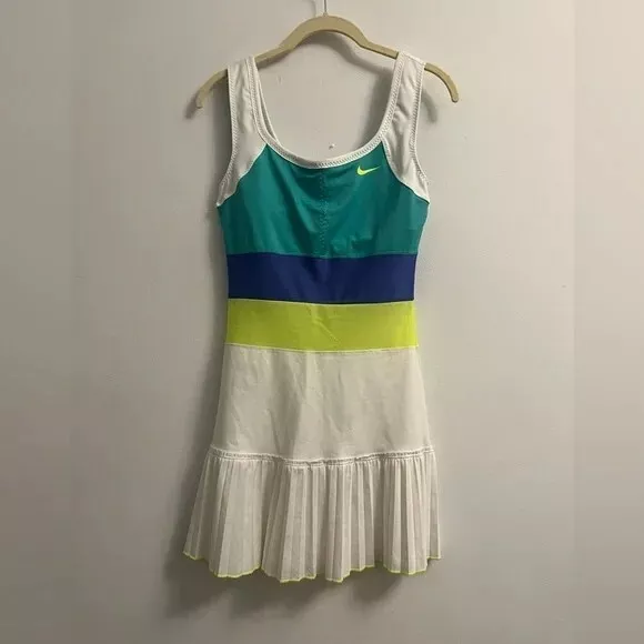 Nike Dri Fit Tennis Dress Mesh Waist White and Neon - Size Small