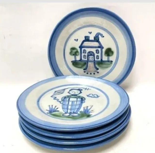 MA Hadley Blue Country Scene Salad Plates Set Of 5 House Dog Girl Boy Boy