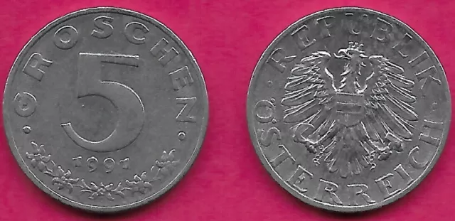 Austria 5 Groschen 1991 Vf Imperial Eagle With Austrian Shield On Breast,Ho