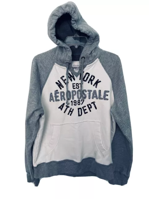 Aeropostale 1987 Men Hoodie White Gray Distressed Kangaroo Pocket SpellOut Large
