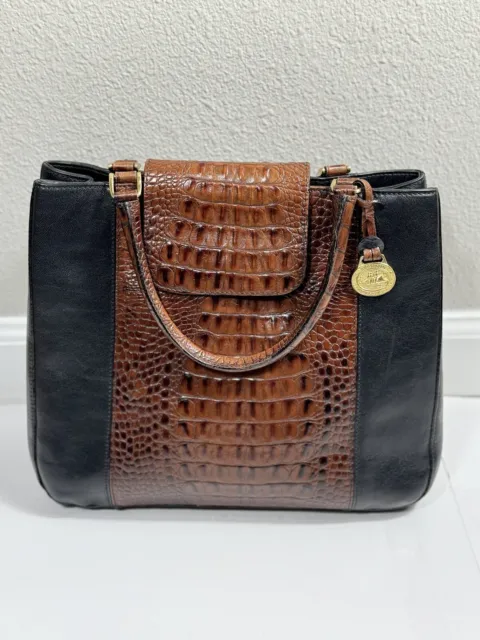 Brahmin Handbag Satchel Croc Leather Black/Brown Leather