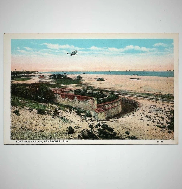 Antique Postcard View Fort San Carlos Pensacola Florida with Airplane In Flight