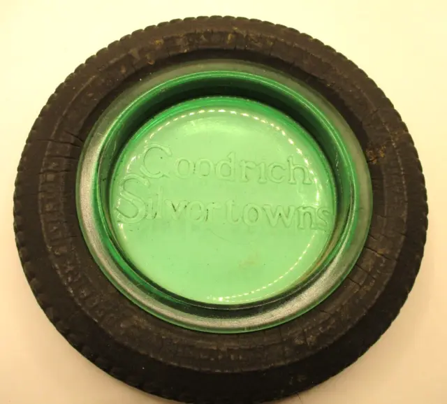 Vintage "Goodrich Silvertowns" Tire Ashtray - Green Uranium Depression Glass