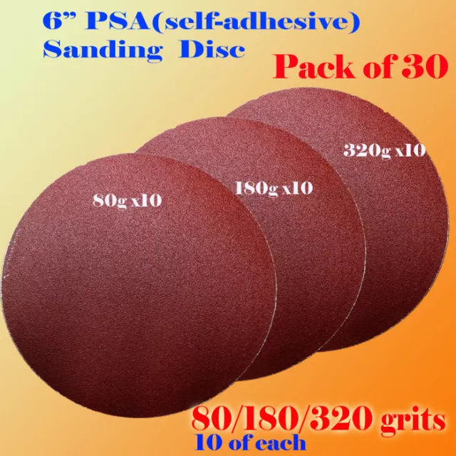 30x 6" PSA Self Adhesive 80/180/320  Grit Sanding Disc Stick On Sandpaper Peel