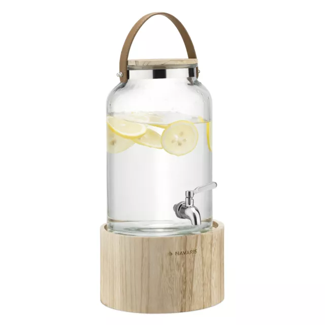 Dispensador de bebidas con grifo asa de cuero y soporte de madera de 5,6 l