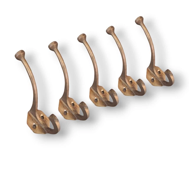 5 x SOLID BRASS SCHOOL HAT & COAT HOOKS VICTORIAN OLD ANTIQUE VINTAGE style