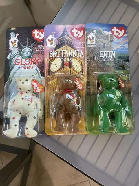 1999 TY Beanie Babies Glory Britannia Erin The Bear Set of 3 - Error Original 🔥