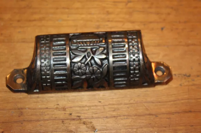 Antique Brass Plated Cast Iron Detailed Bin Apothecary Cupboard Drawer Pull L-59