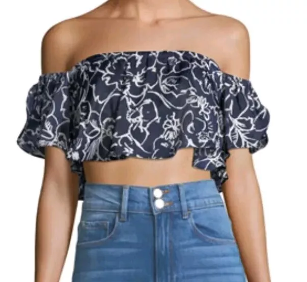 MISA Los Angeles Lunna Off  Shoulder Floral CropTop. Navy & White. Woman's Sz XS