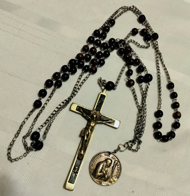 Antique Rosary 19th C Crucifix Vatican Medal Saint Francis Priest Owned
