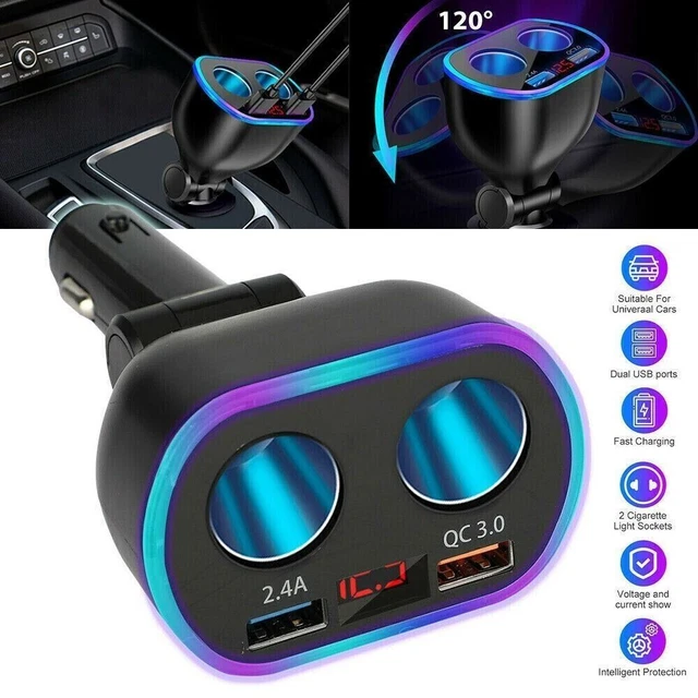 Dual USB 2 Way Auto Car Cigarette Lighter Socket Splitter Charger MP3 Player